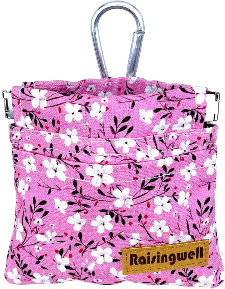 Dog Treat Pouch, Green Pocket Sized Pet Training Pouch, Cotton Fabric, Hand Free Dog Walking Bag with Carabiner, Self-Closing Pet Feed Snack Reward, for Puppy Travel or Outdoor Use