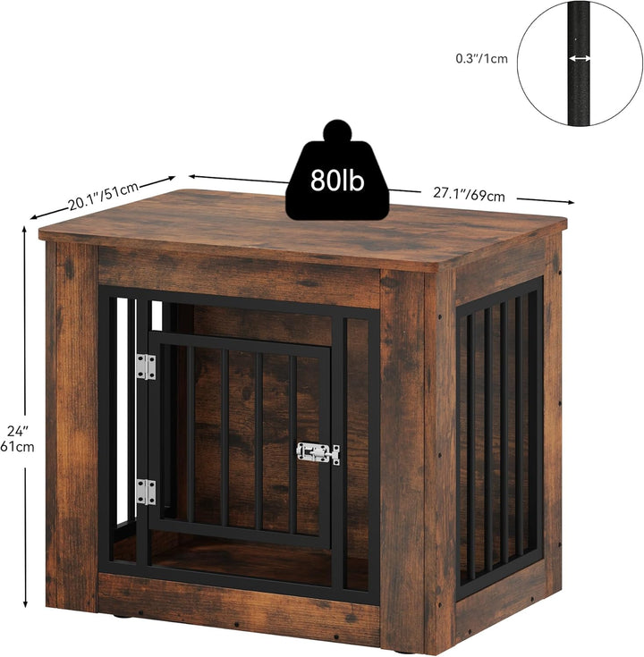 27.2" L Dog Crate Furniture for Medium Dogs, 2-In-1 Iron-Wood Fusion Dog Cage Indoor up to 30 Lb, Side End Table, Modern Dogs Kennel with Waterproof Top, Safety Corners,Steel Lock,Rustic