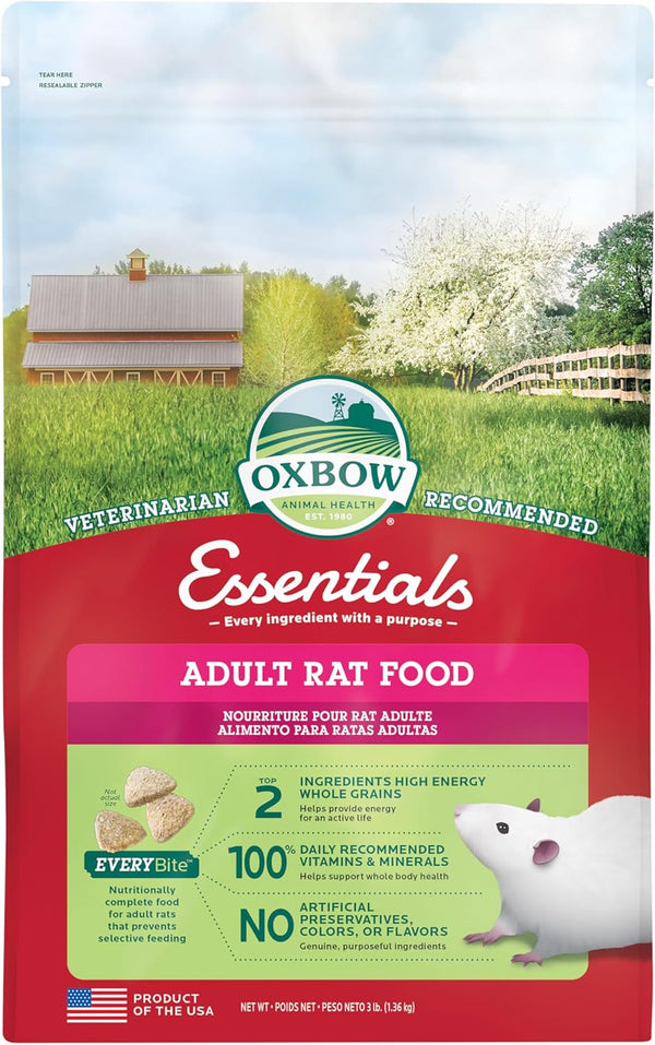 Essentials Rat Food, Pet Food for Adult Rats, All-Natural Vitamin & Mineral Rich Formula, Veterinarian Recommended,  Animal Health, Rodent Pellets, Made in USA, No Artificials, 3 Lb. Bag