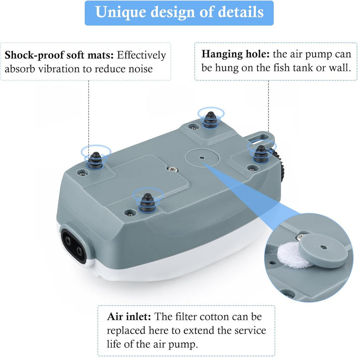 Dual Outlet Aquarium Electric Air Pump, Whisper Adjustable Fish Tank Aerator, Quiet Oxygen Pump with Accessories for 20 to 100 Gallon