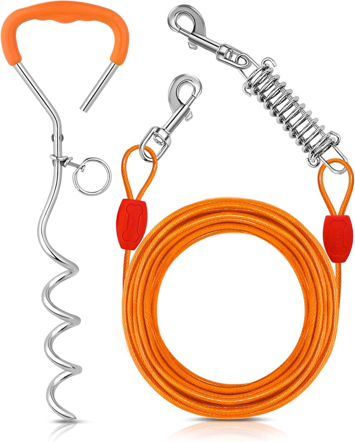 Dog Tie-Out Cable and Stake - 30Ft Heavy Duty Cable with Spring, No Tangle, 16In Ground Stake, Ideal for Yard, Camping and Beach, Suitable for Small Medium Large Dogs up to 120 Lbs, Blue