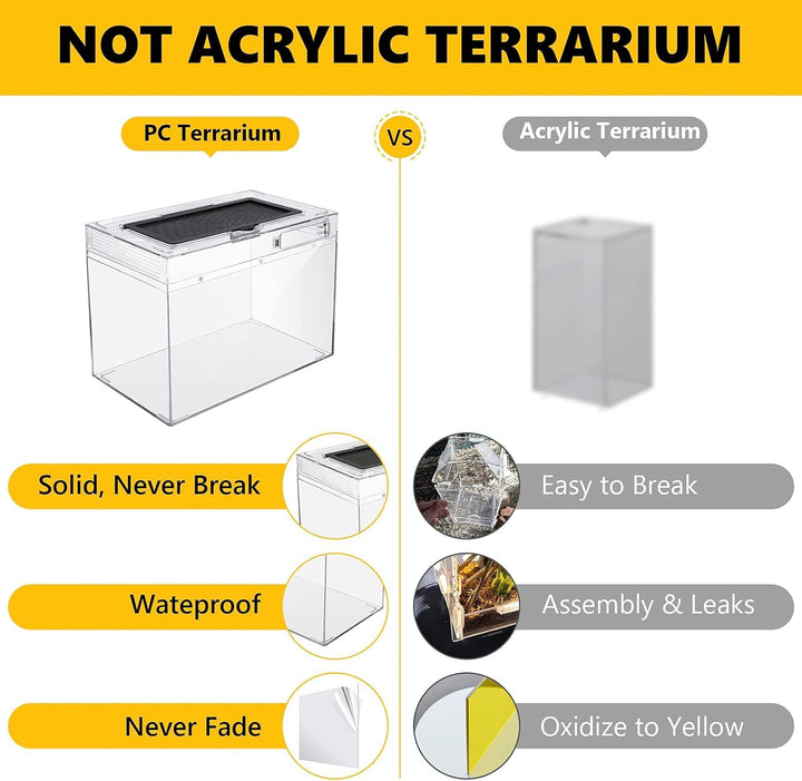 Reptile PC Terrarium,Anti Breakage 12X7X9 Inch Insect Amphibians Tank Spider Starter Kits,Top Sliding Door Screen Ventilation Mini Gecko Habitat Cages,Hygrometer Thermometer,Hide Cave,Tweezer,Sprayer