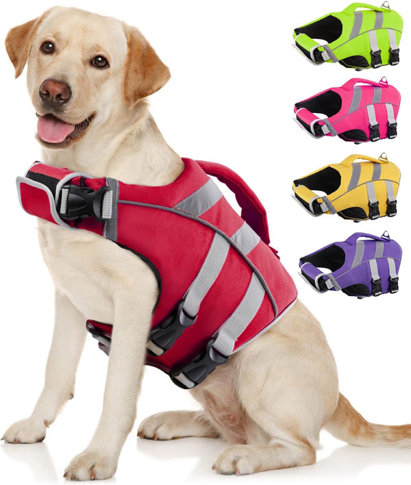 Dog Life Jacket with Reflective Stripes - Adjustable High Visibility Vest, Ripstop Lifesaver, Pet Preserver with High Flotation Swimsuit for Small, Medium and Large Dogs