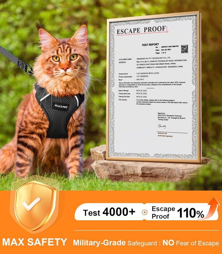 Cat Harness and Leash Set [ MAX Safety Third Generation ] Escape Proof Soft Adjustable Cat Leash Breathable Comfortable Vest Easy to Wear Kitten Harness for Outdoor Walking Black