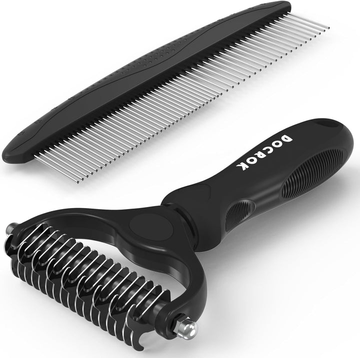 Pet Grooming Combo - Blue Deshedding Brush with Metal Comb for Detangling and Dematting Long, Matted Fur on Cats and Dogs