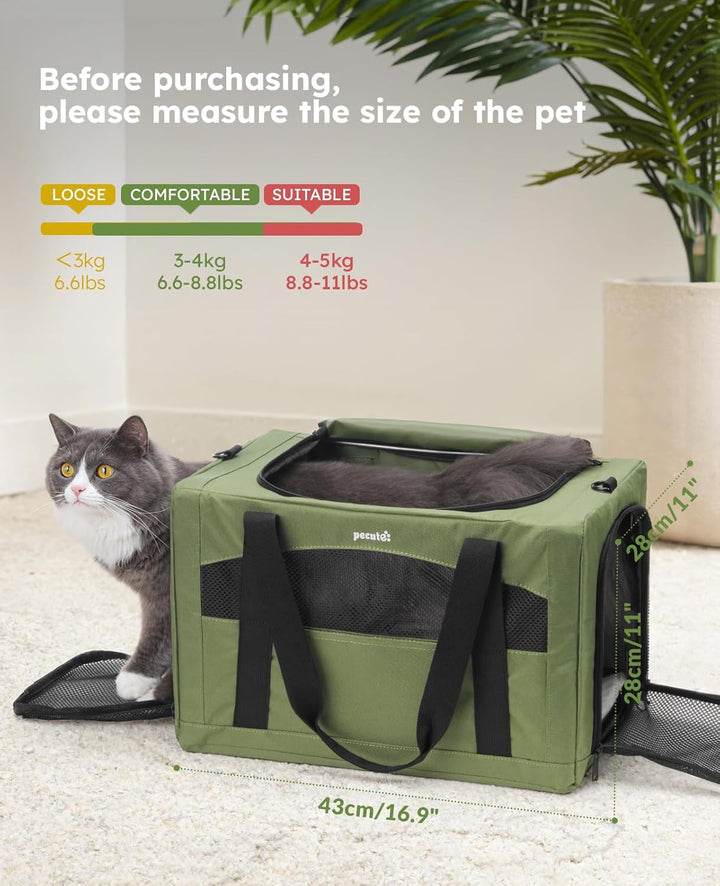 Cat Carrier Stable, Pet Carrier Breathable and Portable, Cat Carriers Bag with Scientific Hidden Partition, Carriers for Cat under 5Kg, Dog Carrier Suitable for Travel and Outing, Green
