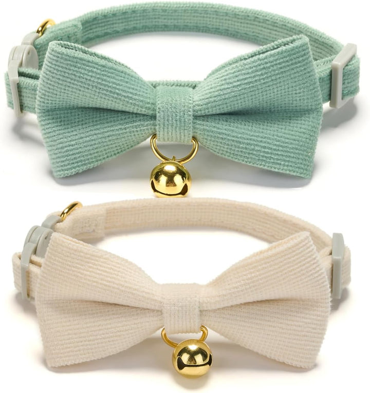 2 Pack Soft Corduroy Cat Collars with Bow Tie & Bell, Adjustable Breakaway Cotton Kitty Bowtie Collar for Girl Boy Kitten (Orange & Green)