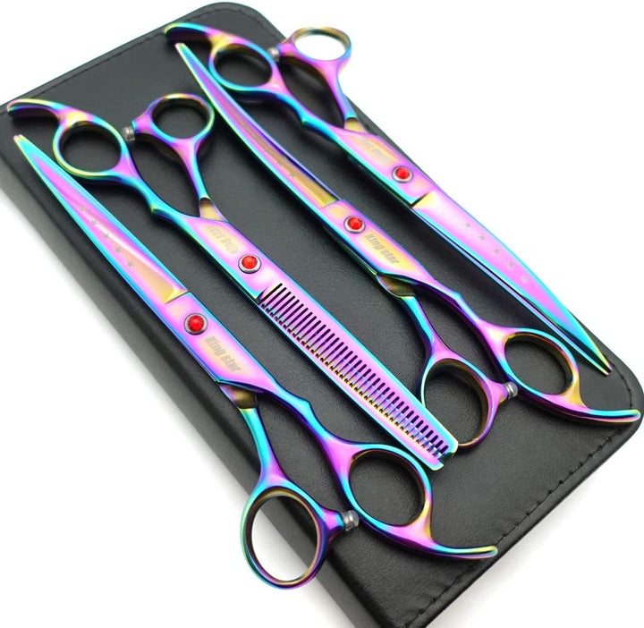 7.0In Titanium Black Professional Pet Grooming Scissors Set,Straight & Thinning & Curved Scissors 4Pcs Set for Dog Grooming,(Black)
