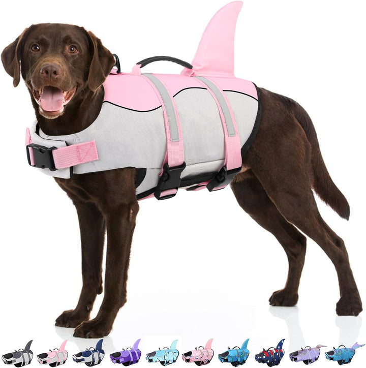 Dog Life Jacket - Shark Life Vest for Swimming Boating - Reflective Lifejacket Swimsuit for Small Medium Large Dogs - High Buoyancy Lifesaver Preserver with Rescue Handle, Grey Shark M