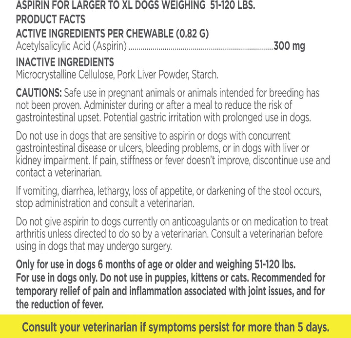 Canine Aspirin for Dogs | Fast Pain Relief | Large to X-Large Dogs | Liver Flavor | 120 Chewable Tablets
