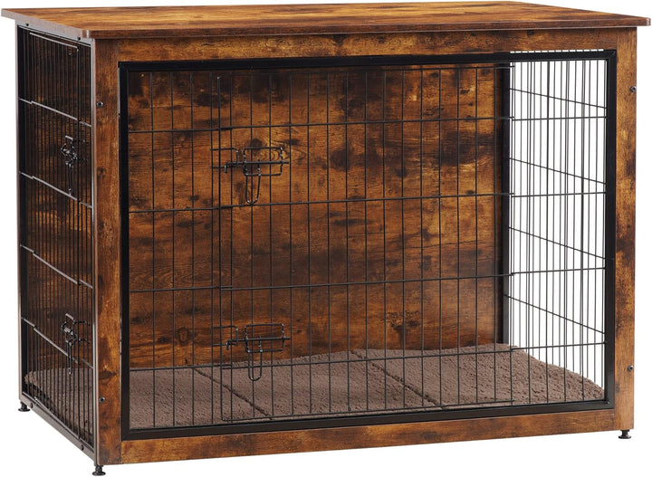 Dog Crate Furniture with Cushion, Wooden Kennel Table with Double Doors, Indoor Dog House, Small/Medium/Large/Extra Large Size, 27.2" L, Rustic Brown