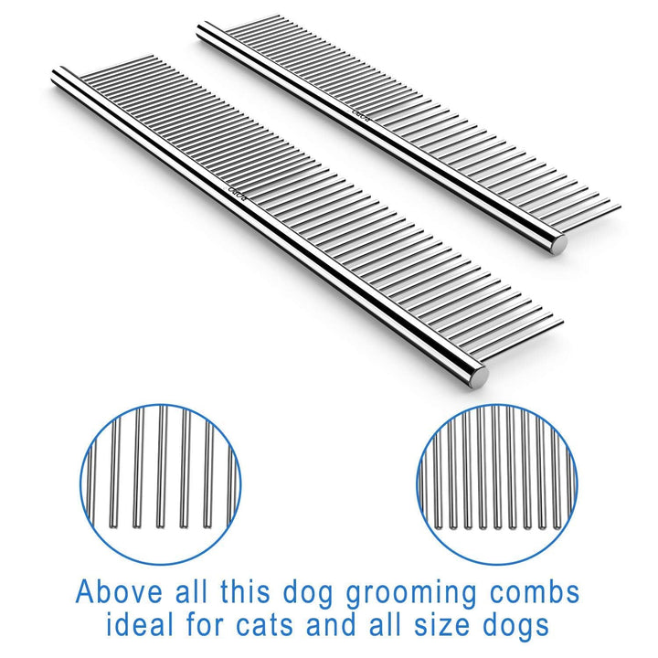 CWXZSTM Pet Steel Combs Dog Cat Comb Tool for Removing Matted Fur - Pet Dematting Comb with Rounded Teeth and Non-Slip Grip Handle - Prevents Knots and Mats for Long and Short Haired Pets,6.5In/7.4In