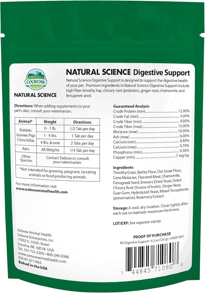 Animal Health Natural Science Digestive Support, High Fiber Supplement for Rabbit & Guinea Pig, Made with Timothy Hay, Includes Chicory Root, Ginger Root, Chamomile, Made in USA, 4.2 Oz Bag