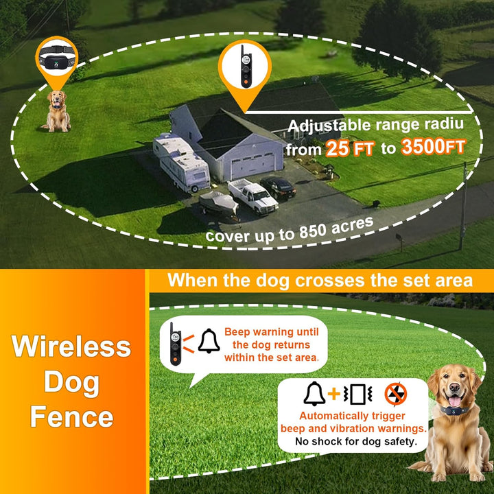 Wireless Dog Fence System for 2 Dogs - up to 3500Ft Adjustable Electric Fence,Waterproof Training Collar Rechargeable,Pet Containment System for Large Medium Dogs
