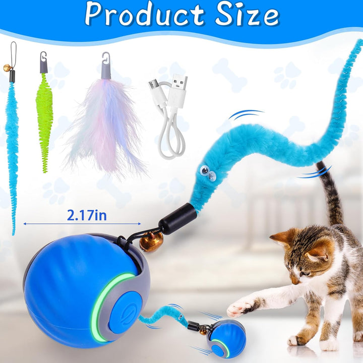 Interactive Cat Toy Ball - Automatic Interactive Cat Toys for Indoor Cats with 3 Tails, 2 Speeds Rechargeable Cat Enrichment Toys for Small/Medium/Large Cats to Keep Them Busy(Blue)