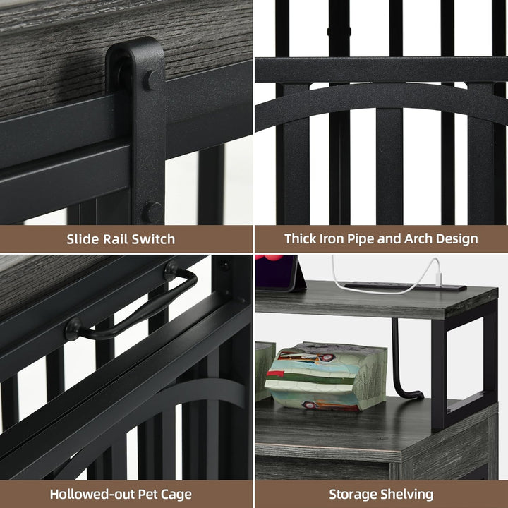 71" Double Dog Crate Furniture with LED Light & Power Outlets, Heavy Duty Dual Dog Kennel TV Stand W Storage Shelves Sliding Doors, Wooden Two Dog Cage Table 2 Medium Large Dogs, Black Oak