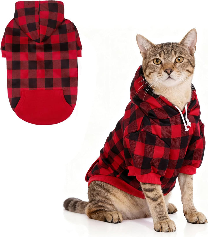 Plaid Dog Hoodie Pet Clothes Sweater with Hat and Pocket for Small Medium Large Size Dogs, Soft Winter Warm Dog Cold Weather Coat, Fleece Fall Dog Hooded Sweatshirt for Puppy Cats, Red XL