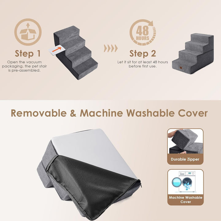 Dog Stairs for Bed 18" H, 4-Step Dog Steps for High Bed, Pet Steps for Small Dogs and Cats, Non-Slip Balanced Pet Ramp Indoor, Grey