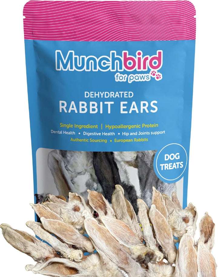 Dehydrated Rabbit Ears 100G (3.5 Oz) 12-15 Pcs for Dogs, European Furry Rabbit Ear Natural Fiber for Pets, Rawhide Free Alternative to Pig Ears Dog Treats, Ear Size Varies