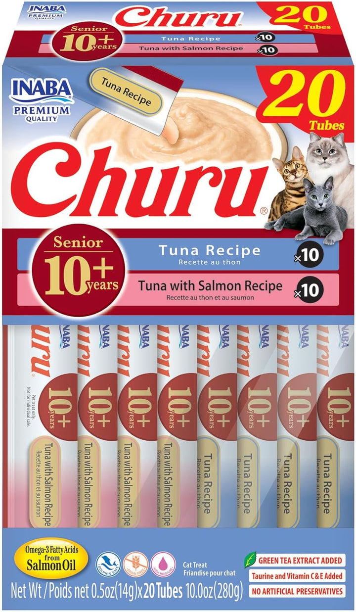 Churu for Senior 10+, Creamy Lickable Cat Treats with Taurine, Vitamin E & C, 0.5 Ounces Each, 60 Tubes, Tuna & Chicken Variety