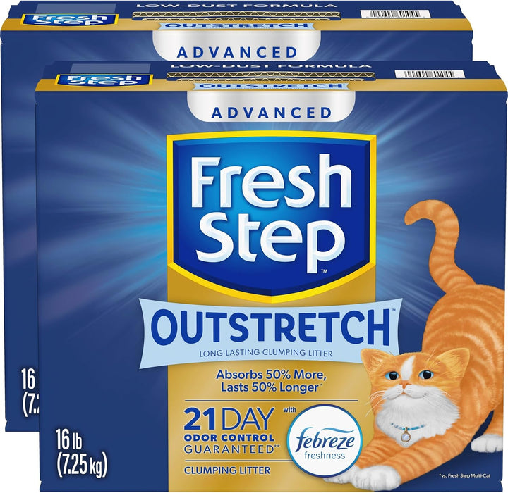 Outstretch Advanced Long Lasting Clumping Litter with Febreze Freshness, Activated Charcoal Litter Lasts 50% Longer, 32 Lbs. (2 X 16 Lb. Box)