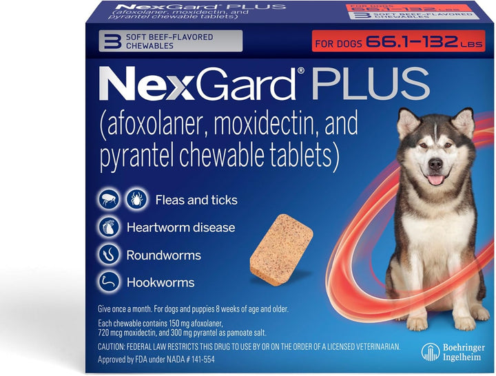 plus (Afoxolaner, Moxidectin, and Pyrantel) Flea and Tick Protection & Heartworm Preventive for Dogs Soft Beef Flavored Chewables, 33.1-66 Lbs. (Purple) 6 Chews (6 Month Supply)
