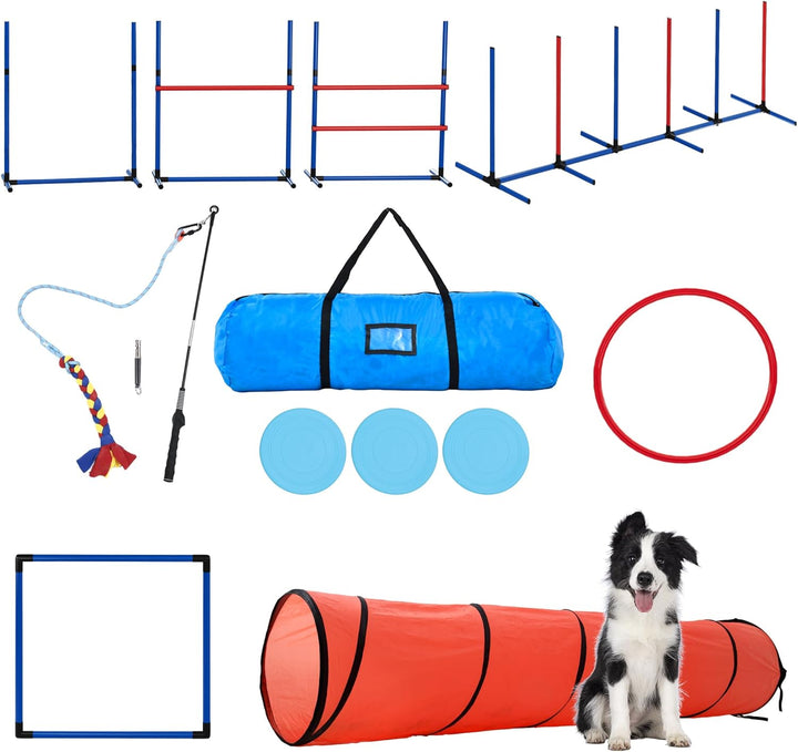 Dog Agility Accessories Kit: Comprises of a Teaser Pole, 2 Hurdles, 3 Flying Discs, 6 Weaving Poles, Agility Tunnel, Pause Box, Full Set of Agility Equipment for Backyard Indoors Outdoors