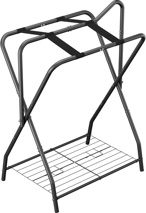 Foldable Saddle Rack for Horse Stable Equipment, Portable Horse Saddle Stand with Bottom Storage for English & Western Saddles, Saddle Pad Rack for Horse Tack, Horses Blanket, Black