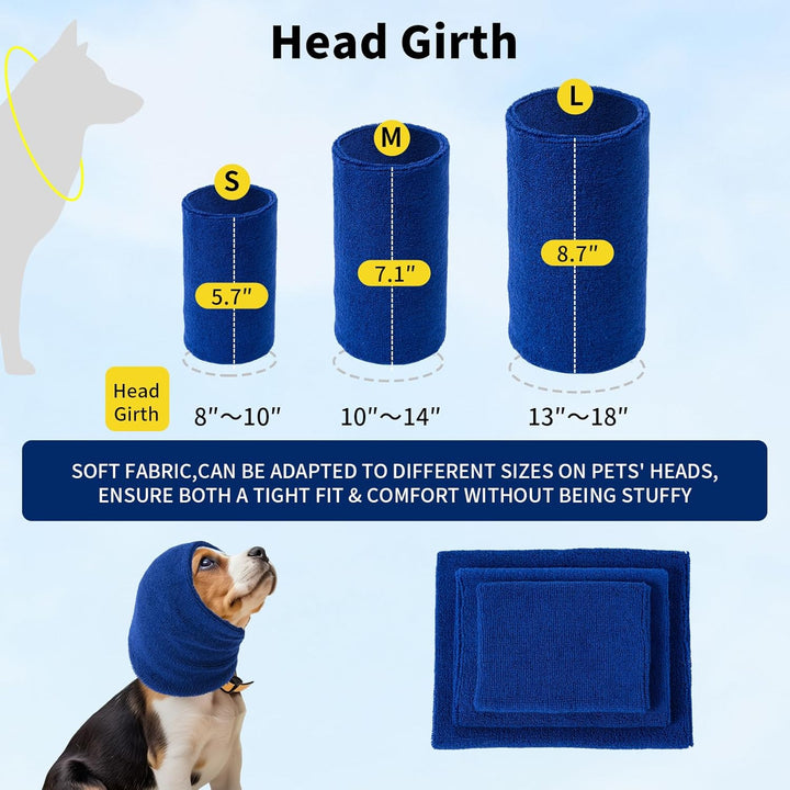 Dog Ear Muffs Noise Protection, Dog Calming Hoodie Cat Anxiety Relief Ear Wrap, Double Layer Thickened Soft Elastic Neck Head Cover Noise Cancelling for Grooming,Force Drying,Fireworks (Blue, Small)