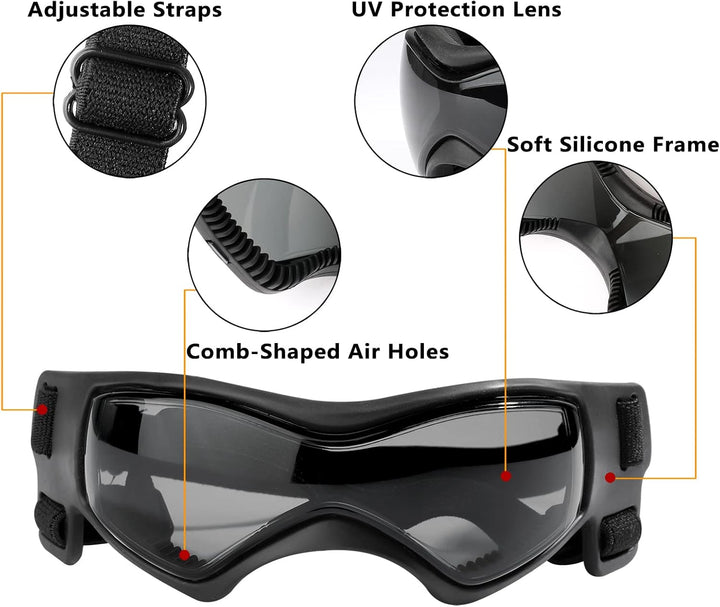 Dog Goggles UV Protection for Small to Medium Breed, Dog Sunglasses Windproof Anti-Fog Dustproof Snowproof, Puppy Glasses for Outdoor Riding Driving with Comfortable Frame Adjustable Straps