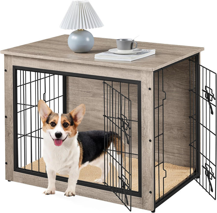 27.5'' Dog Crate Furniture with Cushion Wooden Dog Crate with Double Doors/Adjustable Feet Side End Table for Small/Medium Dogs, 27.5" L X 20" W X 24" H