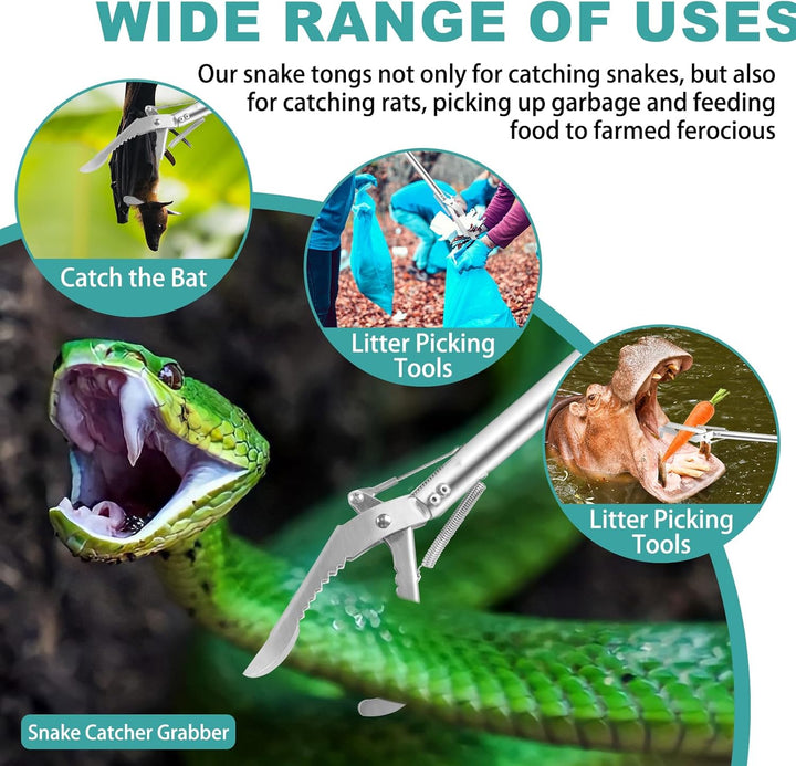 50" Collapsible Stainless Steel Snake Grabber Tool: Multi-Functional Hook, Tongs, Pole, Reacher for Safe Snake Handling and Rattlesnake Catching