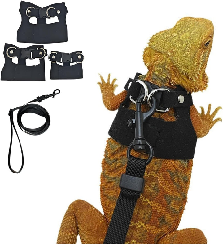 3 Pack Bearded Dragon Harness and Leash Set - Adjustable Soft Leather Lizard Harness Leash Small Animal Traction Rope Training Walking Vest Accessories for Reptile Squirrel Rat (Brown)
