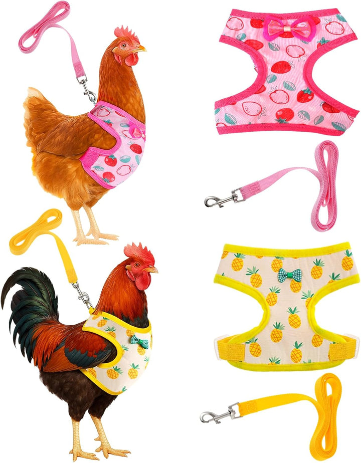 2 Pcs Adjustable Chicken Harness and Leash Set, Comfortable Chicken Vest Elastic Hen Vest with Strawberry Pineapple Print for Small Pets Duck Goose Hen Training Walking Supplies