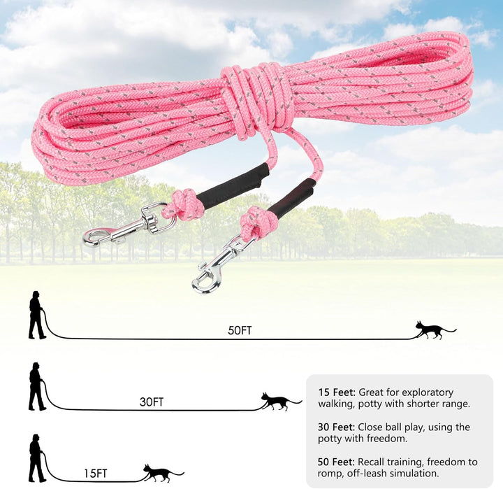 Reflective Cat Long Leash 15 FT Escape Proof Walking Leads Yard Long Leashes Durable Safe Personalized Extender Leash Traning Play Outdoor for Kitten, Puppy, Rabbit and Small Animals(Pink-S)