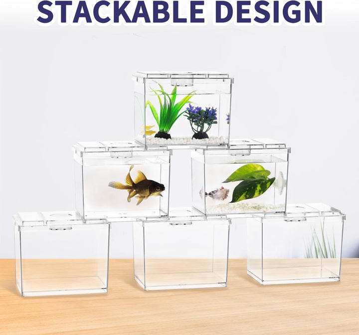 Mini Betta Fish Tank, Small Fish Bowl for Temporary Space, 0.2 Gallon Stackable Cube Tank with Betta Leaf and Gravels for Small Fish, Insect, Shrimp, Crab, Spider.(Pack-1)
