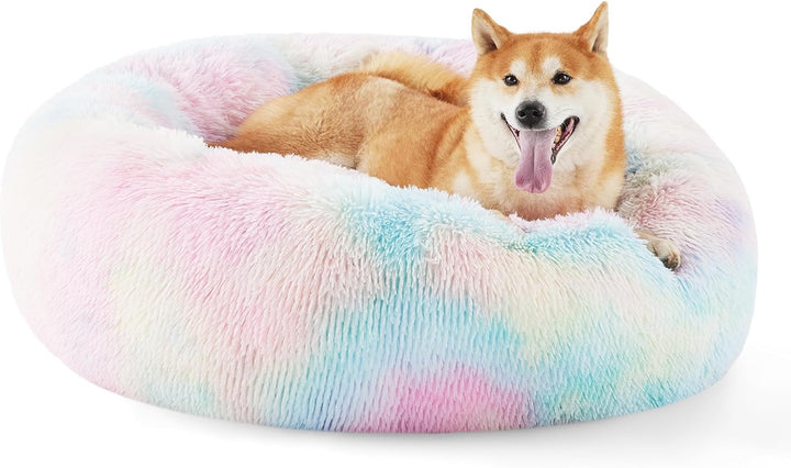Calming Dog Bed Medium Size Dog - Donut Washable Medium Pet Bed, 30 Inches Anti-Slip round Fluffy Plush Faux Fur Cat Bed, Fits up to 45 Lbs Pets, Camel