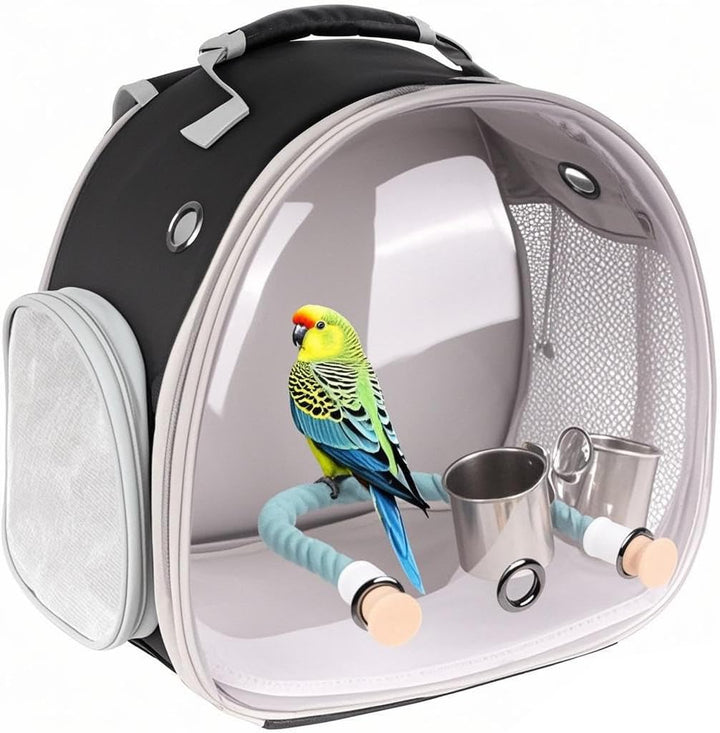 Small Bird Travel Backpack Carrier Cage, Backpack to Transport Backpack Carrier with Metal Tray Stand Perch for Parakeet Cockatiel Budgies Vet Carry Book Bag Black