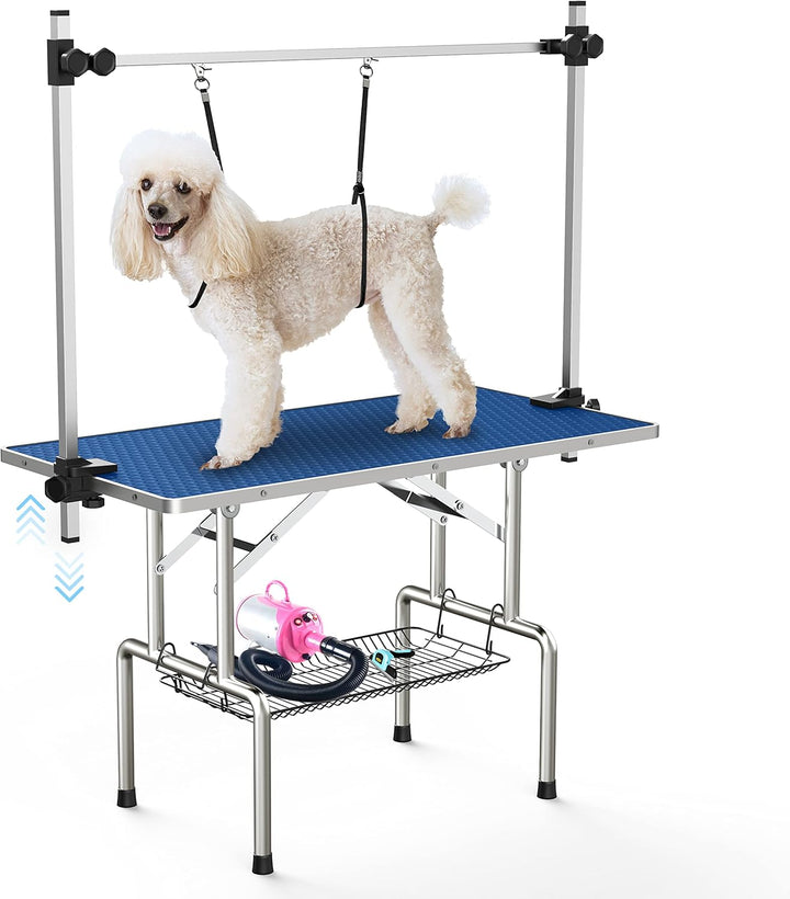 46''Large Dog Grooming Table, Adjustable Cat Drying Desktop with Arms, Nooses, Mesh Tray, Foldable Pet Station at Home, Maximum Capacity up to 330Lb, 46Inch, Black, 46In