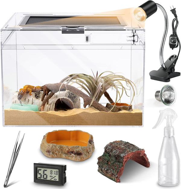 Reptile PC Terrarium,Anti Breakage 12X7X9 Inch Insect Amphibians Tank Spider Starter Kits,Top Sliding Door Screen Ventilation Mini Gecko Habitat Cages,Hygrometer Thermometer,Hide Cave,Tweezer,Sprayer