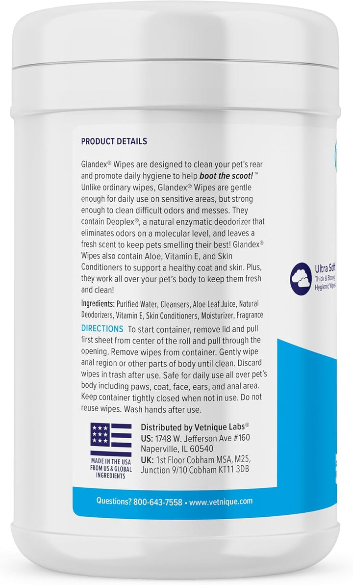 Glandex Dog Wipes for Pets Cleansing & Deodorizing Anal Gland Hygienic Dog & Cat Wipes with Vitamin E, Skin Conditioners and Aloe (75Ct)