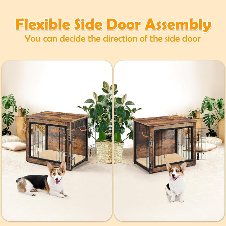 27.5'' Dog Crate Furniture with Cushion Wooden Dog Crate with Double Doors/Adjustable Feet Side End Table for Small/Medium Dogs, 27.5" L X 20" W X 24" H