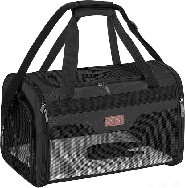 Cat Carrier, Puppy Dog Carrier for Small Medium Pets up to 15 Lbs, Soft-Sided Dog Travel Bag with Safety Zippers, Collapsible Pet Carrying Case (Black, L, 17"X11"X11")