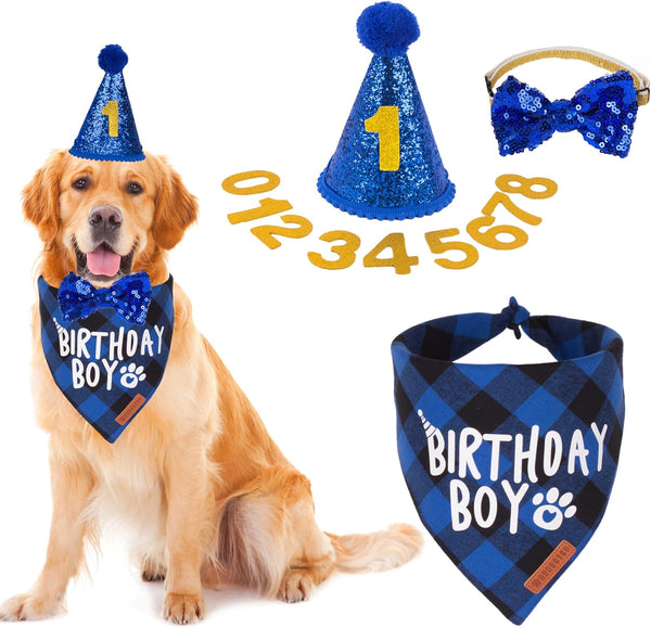 Dog Birthday Party Supplies, Multi Size Offered, Blue Dog Birthday Hat Bandana Numbers Bow Set for Large X-Large Dogs Pets (X-Large)