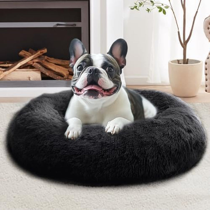 Small Dog & Cat Beds for Indoor Cats, Donut Cuddler Warming Soft Dog Beds with Anti-Slip Bottom, round Calming Fluffy Plush Faux Fur Cushion Bed for Small Medium Dogs (20", Smoke Grey)