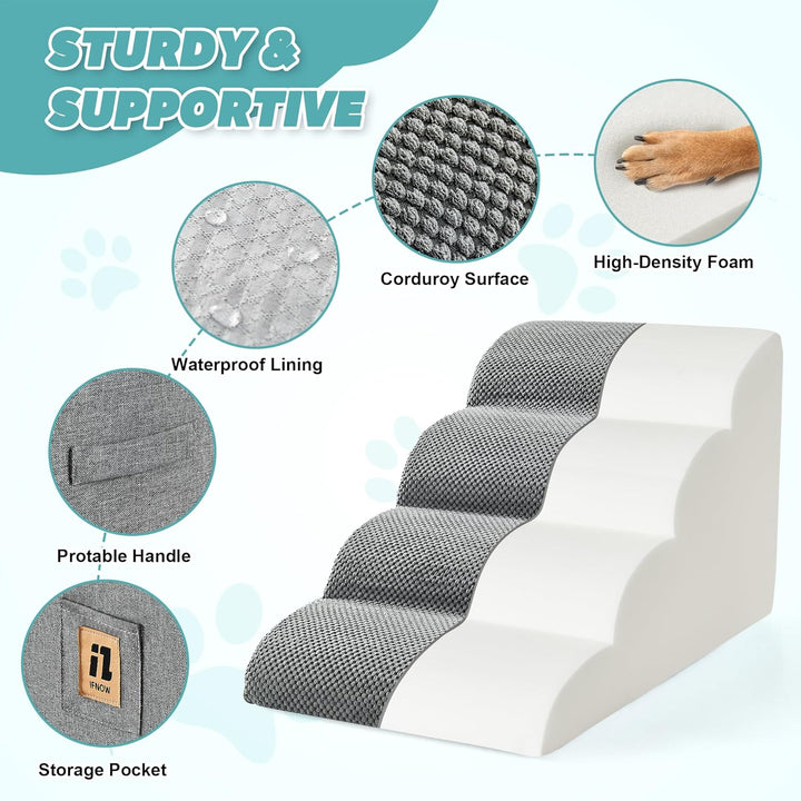 Dog Stairs for Small Dogs 15.7''H, 4-Step Sturdy Dog Steps for Bed, Couch, Sofa, Waterproof Pet Stairs for Older Cats, Puppy, Removable Washable Cover, Non-Slip Curved Pet Ramp Indoor, Grey