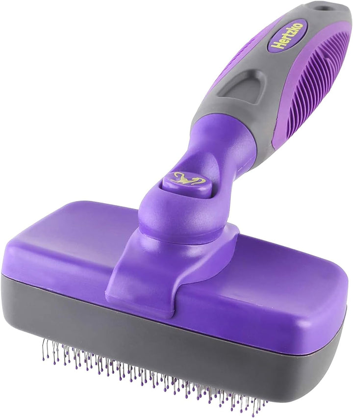 Self Cleaning Slicker Brush for Dogs and Cats - Pet Hair Brush for Shedding Long and Short Hair - Easy Clean Retractable Bristles - Cat and Dog Grooming Tool - Purple