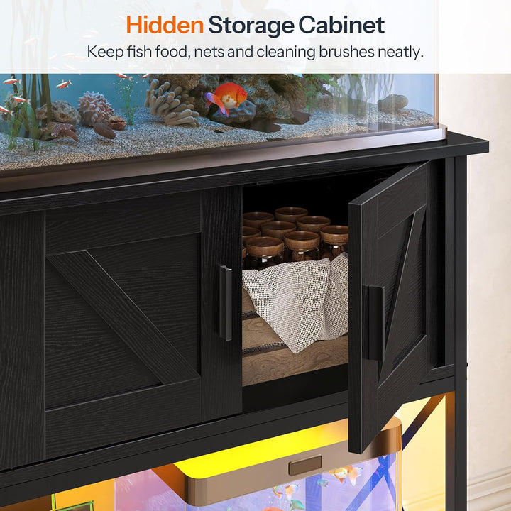 20 Gallon Fish Tank Stand with Power Outlets and LED Light, Metal Frame Aquarium Stand, Reptile, Turtle Tank Stand with Cabinet Storage, 27.6'' L X 15.7'' W, 300 LBS Capacity, Black BB40UDFT01