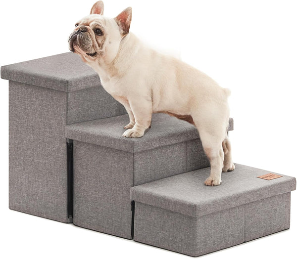 Dog Stairs for High Bed 18"H,Foldable Pet Stairs for Small Medium or Large Dogs Puppy with Storage for Bed or Couch, Cat Dog Steps Ramp with Zip up to 200 Lbs(Solid Grey,3 Steps No Condo)