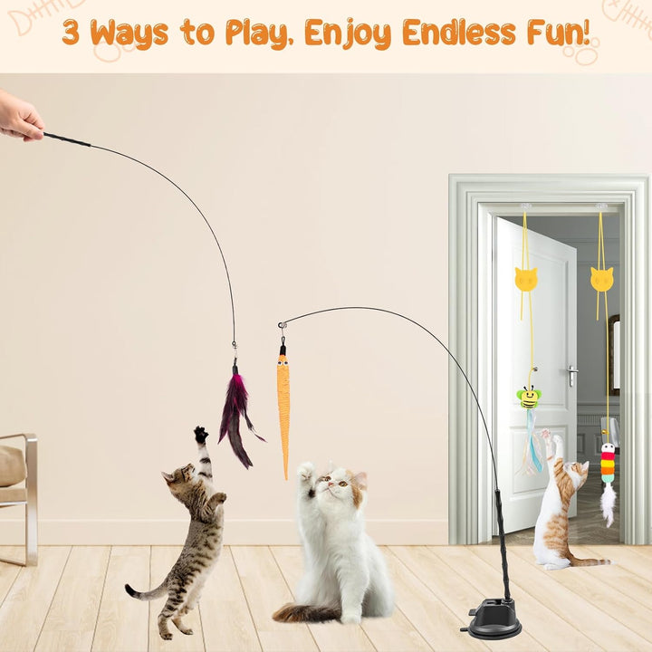 Cat Wand Toy, 15 Pcs Interactive Cat Feather Toys for Indoor Self Play & Exercise, 2 Play Modes Kitten Teaser Wand, Reusable Suction Cup Kitten Toys